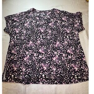 Terra & Sky Womens 1X Purple Black Abstract Print V-Neck Short Sleeve Top Blouse